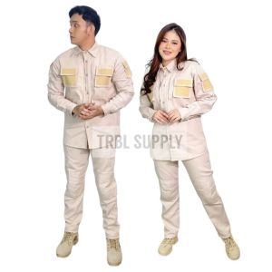 SERAGAM SETELAN KEMEJA DAN CELANA TACTICAL CREAM LAPANGAN OUTDOOR | KEMEJA LENGAN PANJANG VELCRO CELANA TACTICAL BHWK BANYAK SAKU | FREE PATCH BENDERA MERAH PUTIH