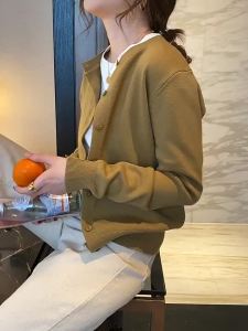 Womens Winter Knit Cardigan – Beige Button-Up Sweater Round Neck Warm Tops Modern Tricot Blouse with Free Shipping