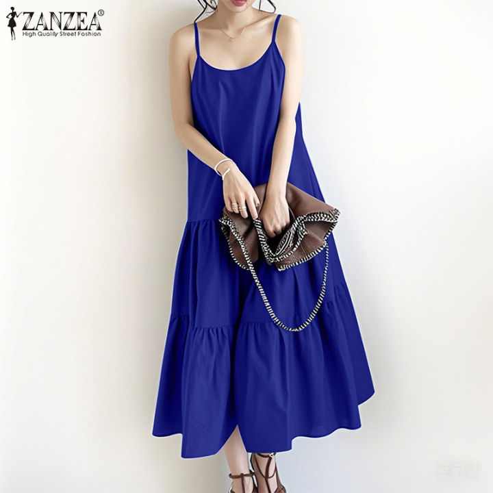 ZANZEA Korean Style Women Summer Beach Sleeveless Dresses Crew Neck A-Line  Plain Midi Slip Dresses #0602 | Lazada
