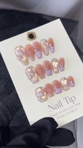 【HANDMADE+Free Glue】Artificial Nail Blush Cats Eye Taro Purple Butterfly Hollow French Plaid Phototherapy Fake Nail Patch Press on Nails Reusable