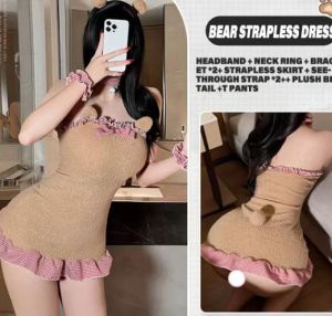 Đêm đẹp như tranh ： Váy quây lông nhung gấu nhỏ họa tiết kẻ caro viền ren đồ lót gợi cảm váy liền thân dễ thương quyến rũ 6419