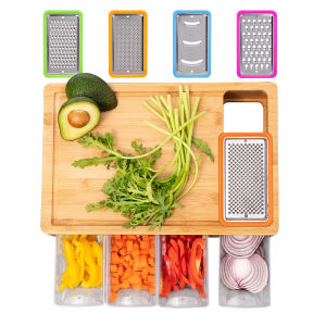 Multifunctional Chopping Board with Slicers Kitchen Wooden Antibacterial Cutting Board Wood Bamboo Chopping Blocks Vegetable Cutting Board with 4 Drawers Containers Tray and Grater Essentail Kitchenware