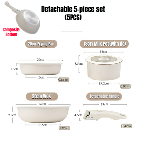 【Ready Stock】6PCS Cookware Set with Detachable Handle Pot Kitchen Non-Stick Frying Pan Soup Pot Flat Stove Ceramic