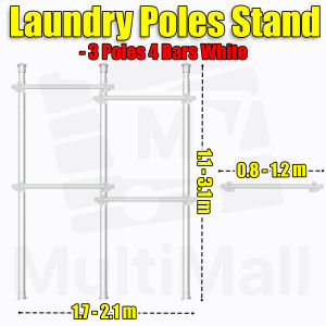 Laundry Pole Stand 3 Poles 4 Bars -White Drying Rack Height Adjustable Thickening Steel Tube Drying Rack Clothes No Drilling Needed Drying Rack Laundry Strong Bearing Capacity Room Space Utilization Wide Application Adjustable Poles and Mesh Tray
