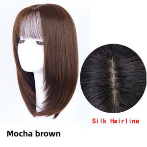 100% Real Human Hair Lob Wig For Women Natural Straight Shoulder Length Wig With Air Bangs Breathable Daily Full Hair Wig