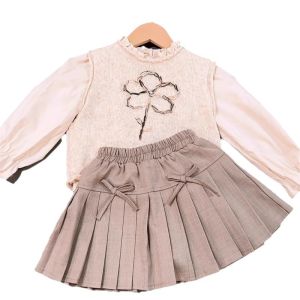 Setelan Anak Perempuan Import Knit lengan Panjang Bunga Bordir Rok Pita Cute