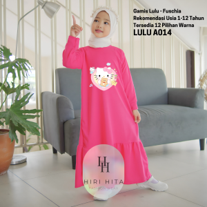 Hirihita Lulu A014 Baju Gamis Lulu Anak Perempuan Creep Spandek Sablon Helo Kity Sanrioo 12 Pilihan Warna Hitam Maroon Salem Biru Navy Ungu Lilac Fuschia Pink Cokelat Bata 1-12 Tahun