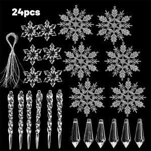 【11-Style】24Pcs Transparent Acrylic Crystal Xmas Tree Pendants Ice Drop Icicle Snowflake Elk Angel Shape Hanging Ornaments Christmas Home Party Decoration
