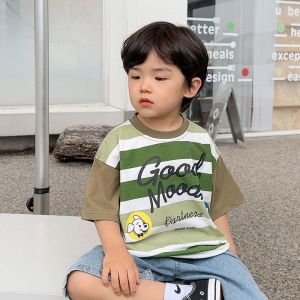 HF Short Sleeve Stripe Hoodie Kid Korean Style Breathable Boy Girl Cute Comfortable Round neck Hoodie
