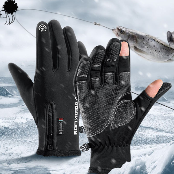 Men Women 2 Fingers Fishing Gloves Waterproof Windproof Photography Mittens  Warm Velvet Protection With Camera