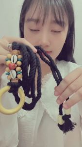 Thắt lưng nữ dây thừng phối hạt gỗ vỏ sò Dây lưng khóa gỗ tròn phong cách du mục vintage
