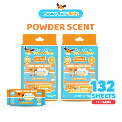 Moose Gear Baby Mini Wipes Premium Powder Scent 12PACKS (11s per pack) Extract Thick & Soft