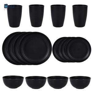 Ueblock✈ 16Pcs Unbreakable Dinnerware Set Reusable Wheat Straw Dinnerware Suit Multi-Purpose Lightweight Dish Cup Bowl Set Outdoor Tableware Set for People