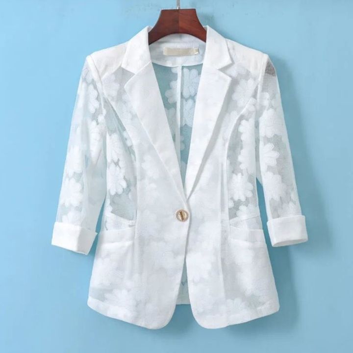 Plus Size S-5XL Women Blazer Jacket Lace Floral Thin Short Slim Spring  Summer Autumn Fashion Casual Elegant Business Formal Office Work White  Black
