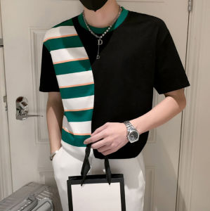Áo thun áo thun nam ngắn tay thiết kế kẻ sọc lưới màu tương phản xu hướng mới - H72