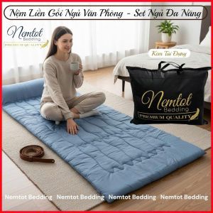🆕Bộ Nệm/Topper Liền Gối Nằm Lông Vũ Cao Cấp - Set Ngủ Trưa Văn Phòng Đa Năng Lụa Lyocell Mềm Mát