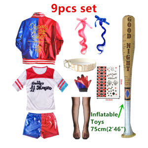 Harley Quinn Costume Cosplay Carnival Halloween Girls Women Clothing Embroidered Suicide Squad Jacket T-shirt Shorts 9pcs Set