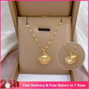 Titanium Steel Necklace Full Diamond Micro-Inlaid Zircon Hollow Shell Pearl Real Gold Pendant