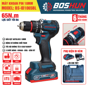 Máy Khoan Pin BOSHUN BS-ID1065BL Động Cơ Không Chổi Than Đầu Kẹp 10mm AUTOLOCK Tặng Bộ 28 Phụ Kiện