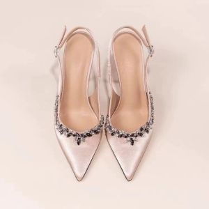 New Chain Rhinestone High Heels for Women Stiletto Pointed Toe Elegant French Style Single Shoes One Strap Closed Toe Sandals Party Shoes