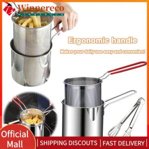 【winnereco】Kitchen Fryer with Strainer & Food Tongs Stainless Steel Deep Fryer Pot Portable Cooking Pot Chicken Fried Cooking Tools