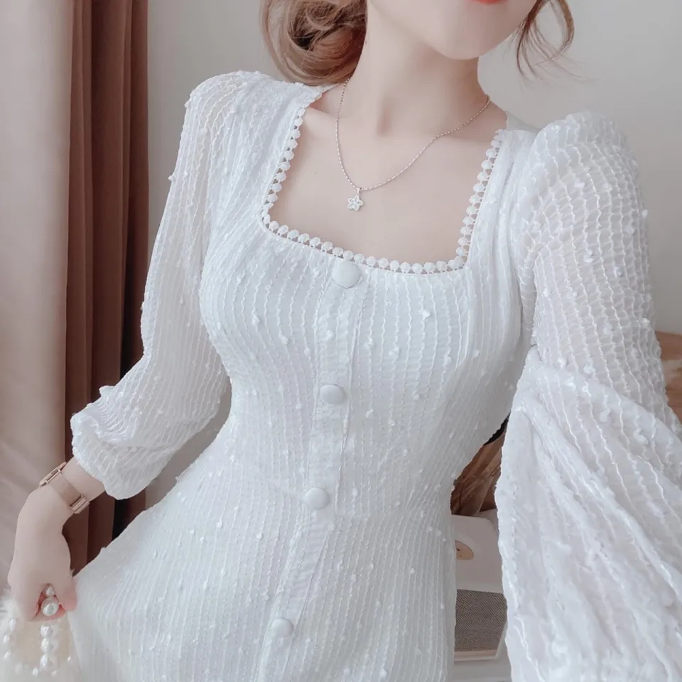 Váy trắng cổ vuông ren tay bồng siêu xinh 2812 (hàng sẵn) - Đầm, váy nữ |  ThờiTrangNữ.vn