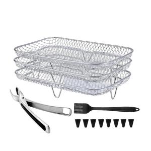 Stainless Steel Air Fryers Accessory Set 3 Tiers Stackable Dehydrator Racks with Clip and Silicone Feet for Fryers