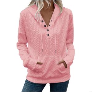 Womens fashionable hoodie casual long sleeves round neck button-down front solid color pleated F3MD