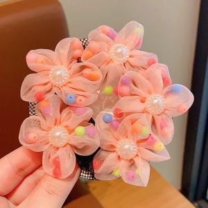 JPTD Mesh Flower Hair Net Rainbow Pearl Children Bun Net Cute Beads Ballet Bun Snood Ballet Dance
