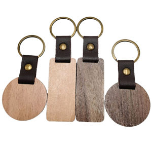 Hmeme 10Pcs Customizable Wood Keyring Personalised Round Rectangle Keychain Wooden Pu Leather Key Chain Jewelry For Friend
