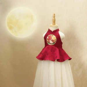 Set đồ trung thu bé gái áo yếm gấm đỏ hình thỏ ngọc phối chân váy lưới mềm dáng xòe dài cho bé - Life Style 4U