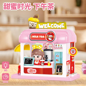 Children diy Miniature scene toy: a city or town model of a milk tea shop assembled with building blocks and lights