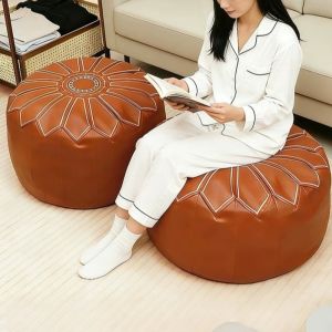 JUSTODO PU Leather Fillable Ottoman Pouf Embroidered Pattern Round Shape Round Pouf Cover Moroccan Style Floor Seat Cushion Living Room