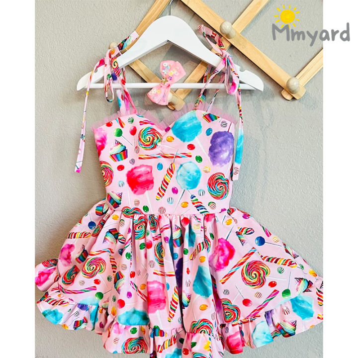 Mmyard Casual Beach Dress for baby girl Pink Sleeveless Candy Print Spaghetti Strap Dress Lazada PH