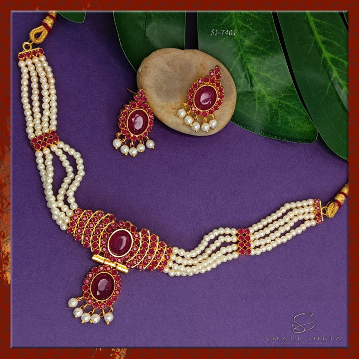 {**ส่งฟรี**} SMALL INDIA 🏵️ CZ Pearl Choker Set สร้อยคอพร้อมต่างหู 🏵️ ...