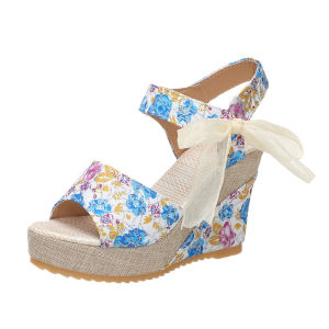 [Free Shipping] WomenS Wedge Sandals With Fruit Patterns High-Heeled Sandals New Spring/Summer Styles Featuring A One-Strap Design Fish-Mouth Opening And A Bow Detail