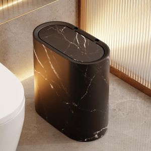 12L Trash Can With Cover Marble Wood Pattern Plastic Trash Can Bathroom Narrow Trash Bin