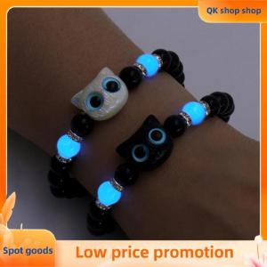 ✨QK shop✨ Cute Big Eye Cat Luminous Bracelets For Women Cartoon Animal Pendant Beaded Hand Chain Friendship Couple Bracelet Jewelry Gift