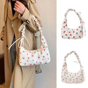 SKINJOY Cute Drawstring Shoulder Bag Korean Style Sweet Cherry Underarm Bag Leisure Half Moon Design Strawberry Printing Tote Bag Outdoor