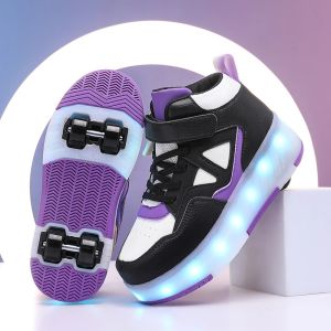 Childrens 4 Wheels Luminous Glowing Sneakers Led Light Roller Skate Shoes Kids Led Shoes Boys Girls USB Charging Cool New Gifts