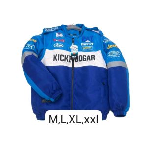 Jaket Bomber Pria Berwarna Merah Putih Hitam dengan Logo Sponsor dan Tulisan "KICKSUGAR"