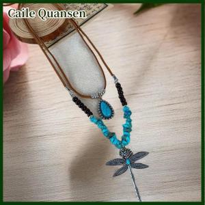 Caile สร้อยคอจี้แมลงปอวินเทจสไตล์ชาติพันธุ์สำหรับผู้หญิงสร้อยคอลูกปัดสีฟ้าครามเทียมสไตล์โบฮีเมียน