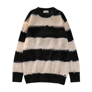 【COD & Ready Stock】Gothic Punk Hole Sweaters Women Fashion Harajuku Oversize Pullover Sweater Knitted Jumper Fashion Striped Sweater Wholesale㏇X0413