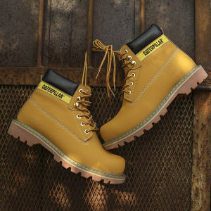 【Free Gift】Caterpillar Shoes For Men Original High Quality Soft Head Genuine Leather Shoes Mens Plain Color Drop Resistant Waterproof Work Boots With Box#626