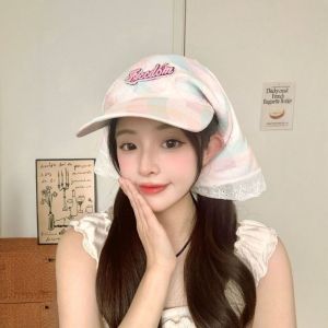 NBANLIKE Embroidery Plaid Baseball Cap Cotton Korean Style Strappy Bandana Hat Vintage Sunscreen Letter Headscarf Hat Girl