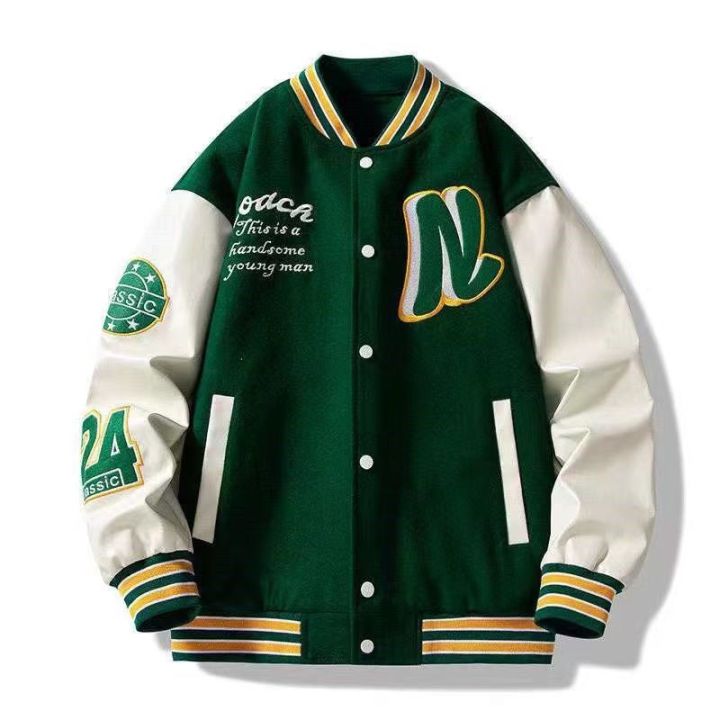 Green Varsity Bomber Jacket ZZOOI Embroider Letters N Men Varsity