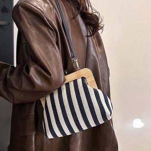 Striped Design Wooden Frame Bag Detachable Strap Double Beads Kiss Lock Pouch Soft Structure Lightweight Canvas Purse