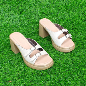 Dép nữ cao gót 8cm Trường Hải da bò mềm mại màu kem CG145