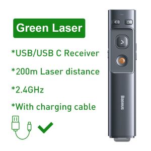 Baseus Remote Controller Presenter Wireless Laser Pointer 2.4Ghz USBC Bluetooth Adapter Handheld Remote Control Pointer Red Laser 100meter / Green Laser 200meter
