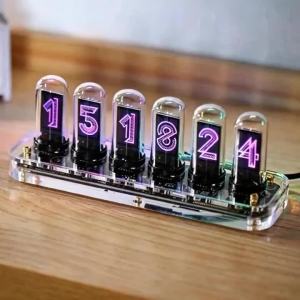 FFBH IPS Nixie Tube Table Clocks Retro‑tech Cyberpunk Desk Clocks RGB Ambient Light Diy Tabletop Clock Creative Desktop Ornament P9M4Y